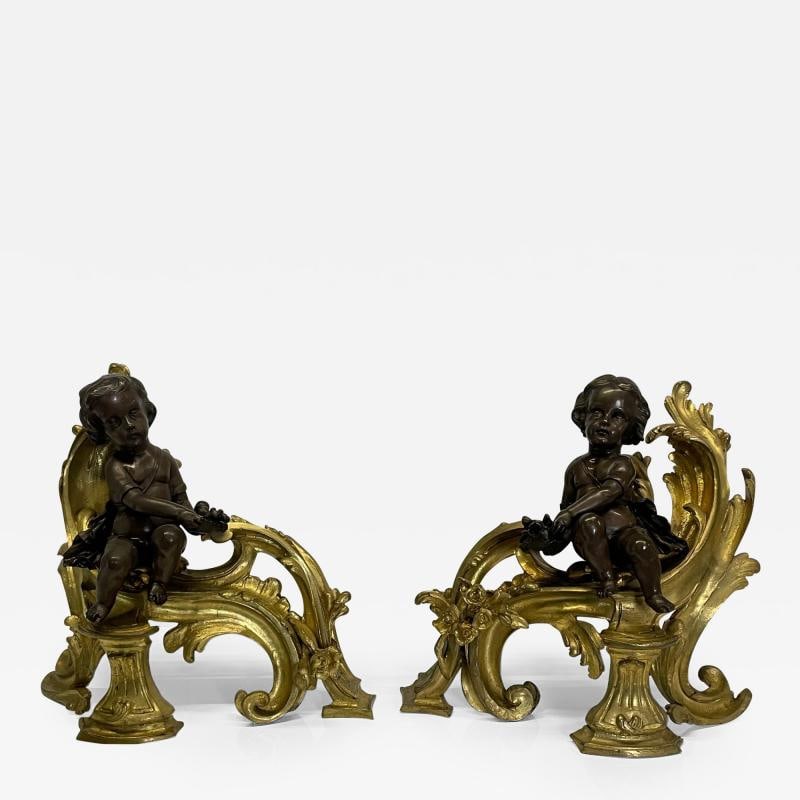 Pair Patinated Gilt Bronze Cherub Fireplace Andirons, Chenets Antique Louis XV (1 of 12)