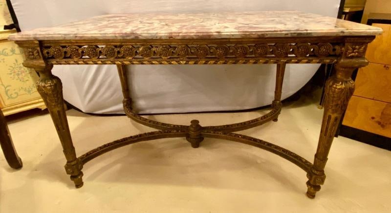 Center Table or Console Louis XVI Jansen Style Stunning Marble Top Gilt Base - 2