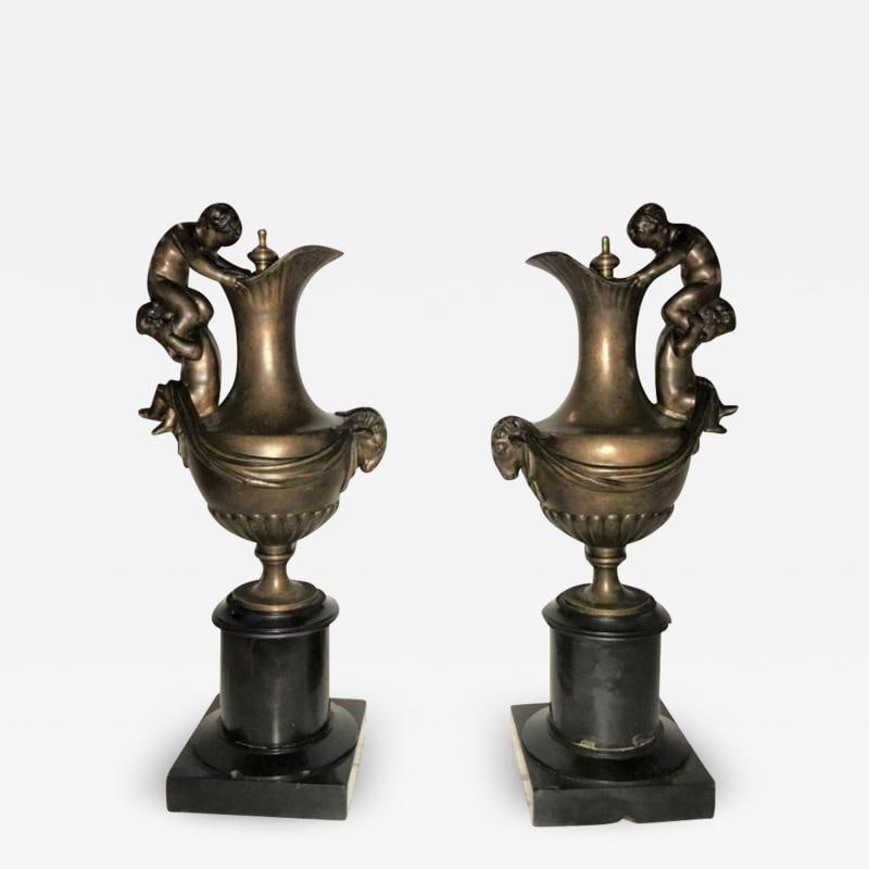 Pair of 19th Century Urns on Marble Stands Bearing Cherubs and Rams Heads (1 of 11)