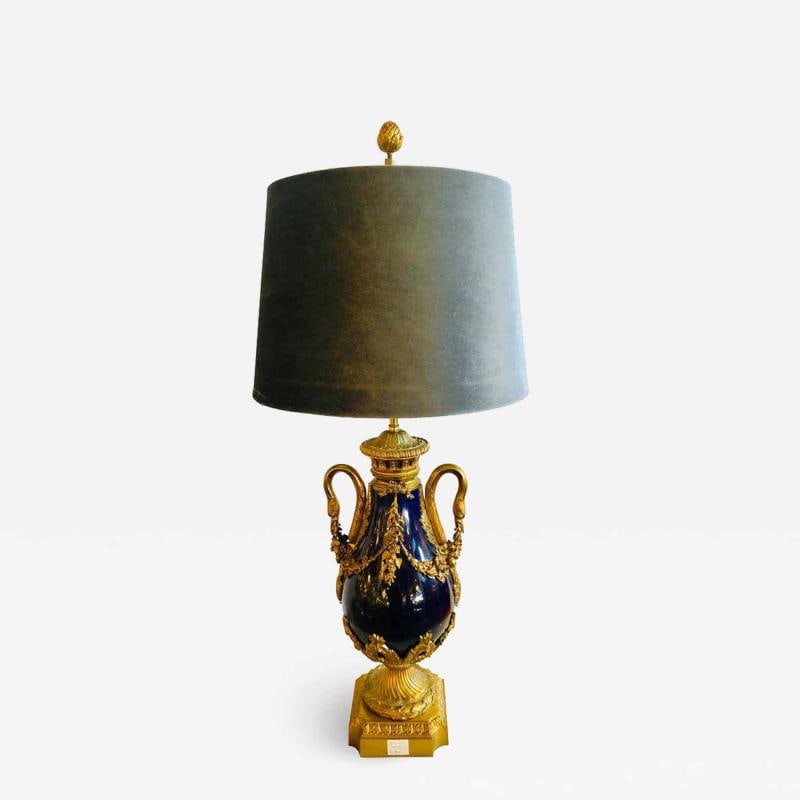 Sevres Style Cobalt Blue Porcelain & Bronze Swan Handle Urn Mounted as a Lamp (1 of 12)