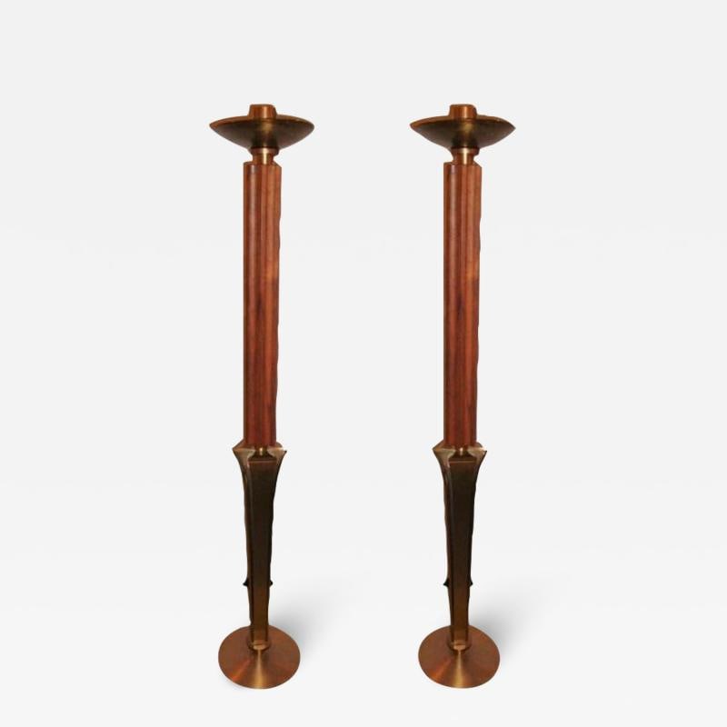 Pair of Mid-Century Modern Teak and Brass Standing "Prickets" Candlesticks (1 of 5)
