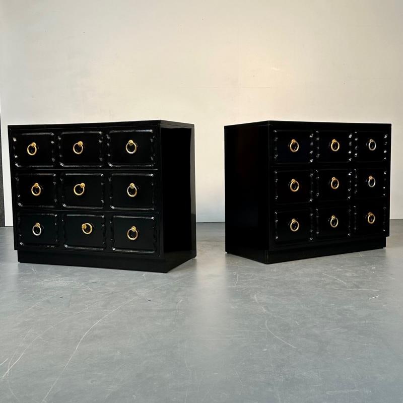 Pair Dorothy Draper for Heritage Style Espana Chests, Nightstands, Black Lacquer: Title: Pair Dorothy Draper for Heritage Style Espana Chests, Nightstands, Black Lacquer Description: Pair Dorothy Draper for Heritage Style Espana Chests, Nightstands, Black Lacquer A fine pair of ful