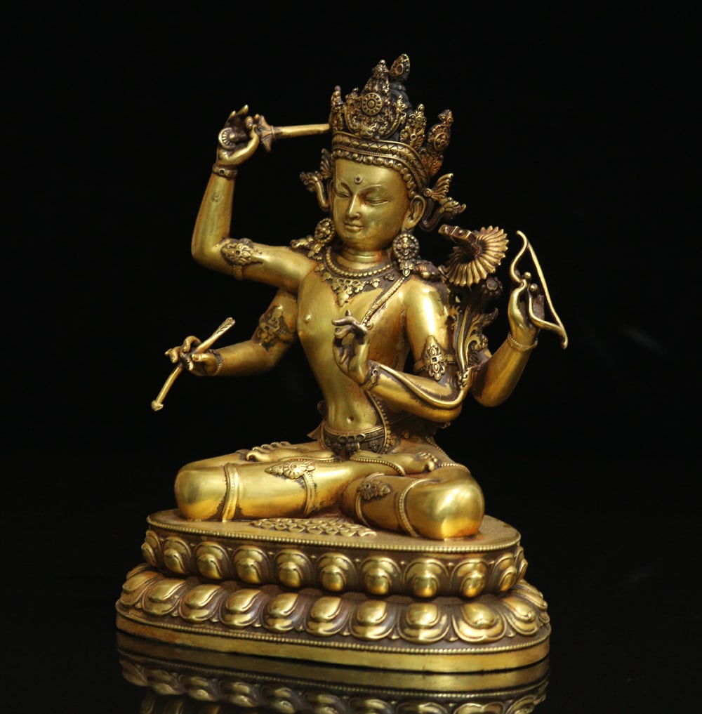 Gilt Gold Bronze Satue - Four Arm Manjusri - 2