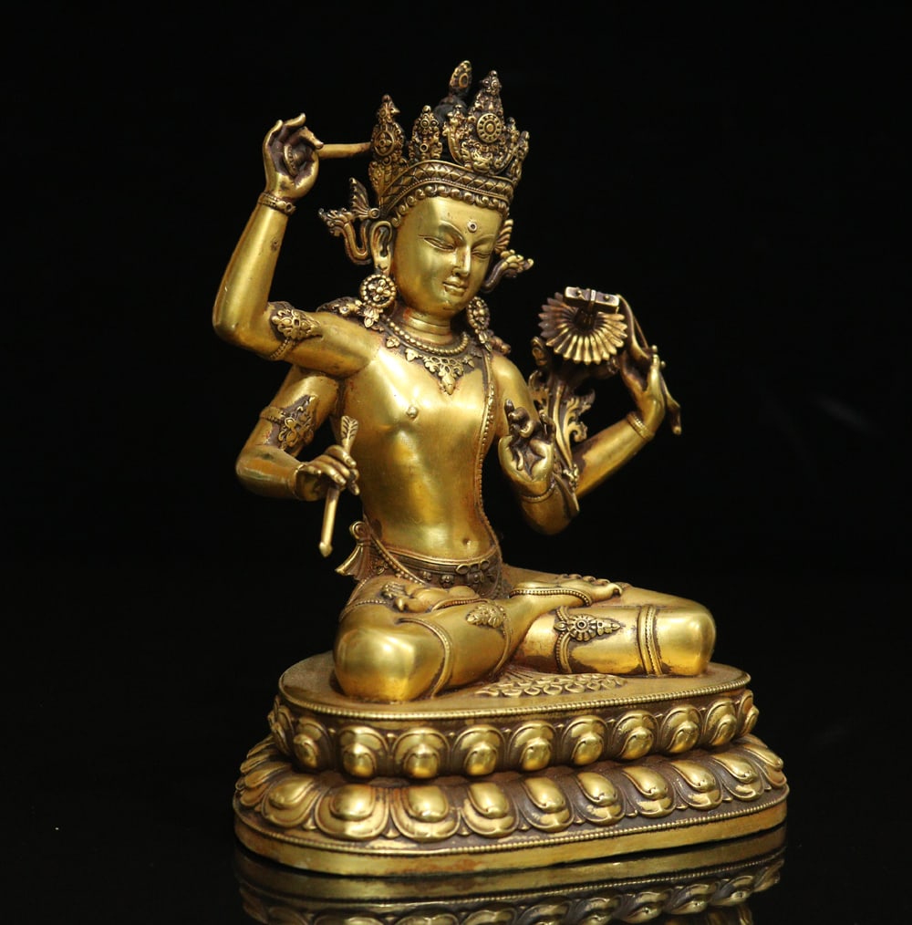 Gilt Gold Bronze Satue - Four Arm Manjusri - 5