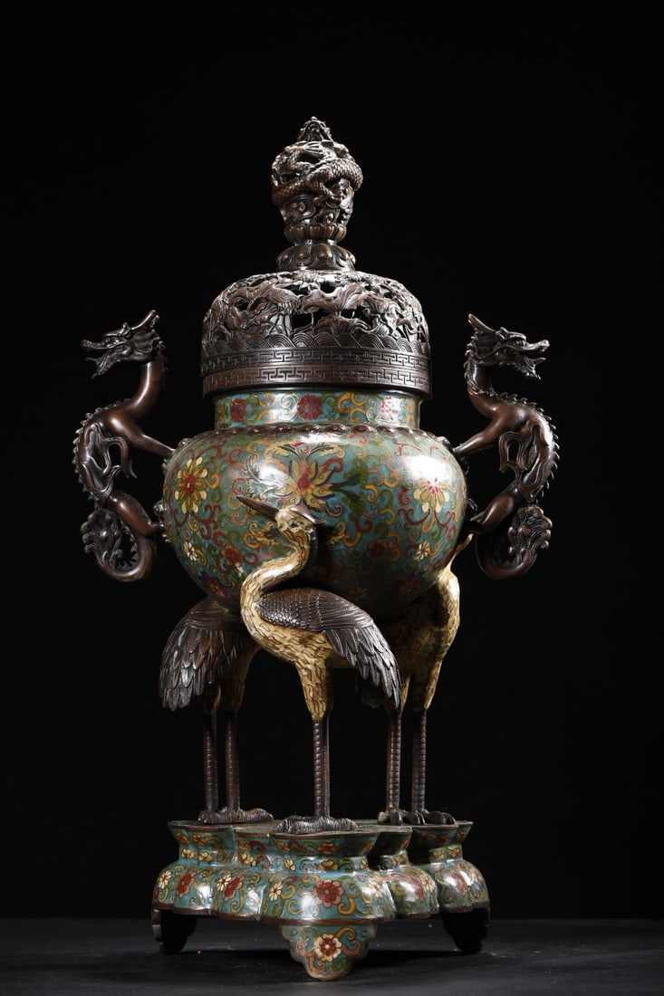 Bronze Cloisonne Big Incense Burner - Crane Dragon (1 of 9)