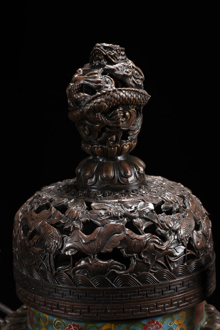 Bronze Cloisonne Big Incense Burner - Crane Dragon - 2