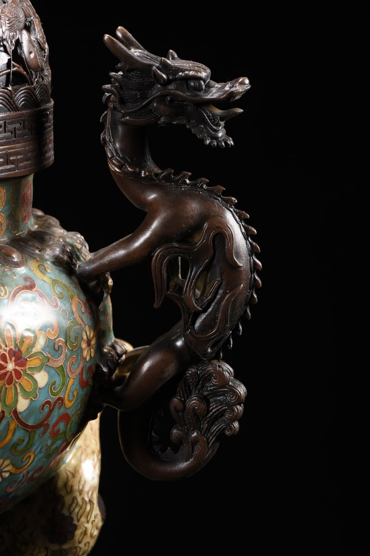 Bronze Cloisonne Big Incense Burner - Crane Dragon - 3