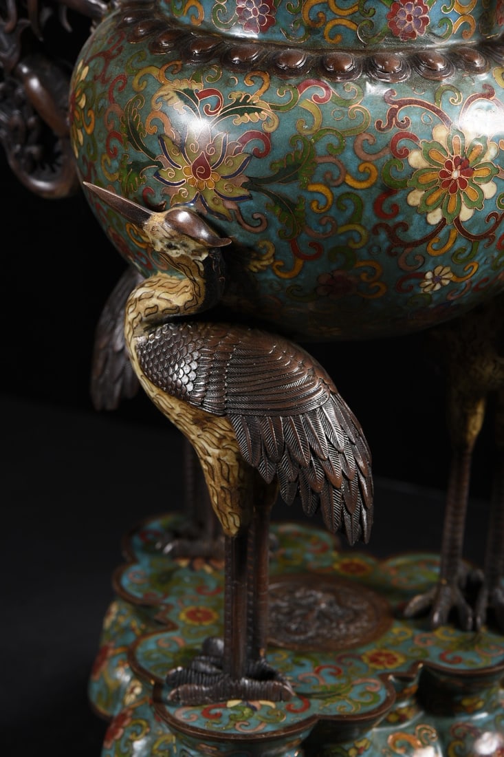 Bronze Cloisonne Big Incense Burner - Crane Dragon - 4