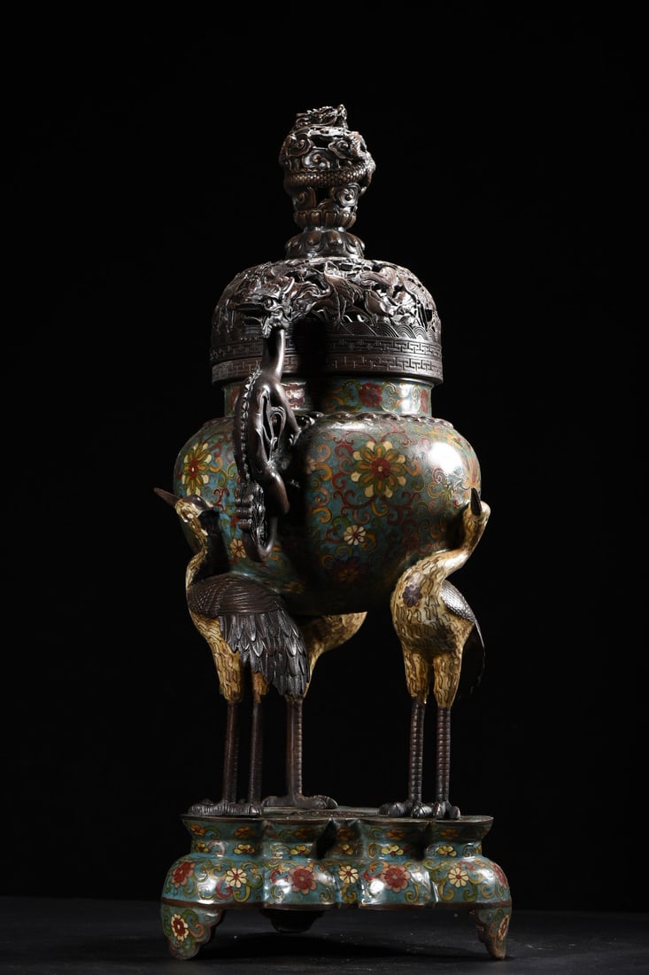 Bronze Cloisonne Big Incense Burner - Crane Dragon - 5