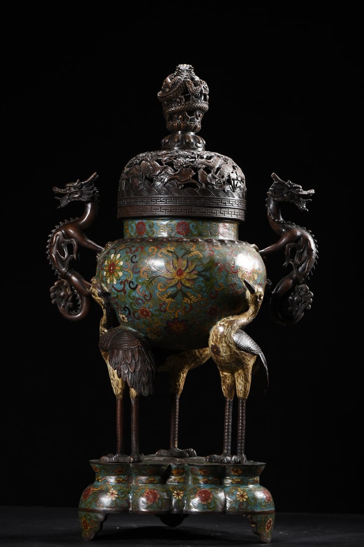 Bronze Cloisonne Big Incense Burner - Crane Dragon - 6