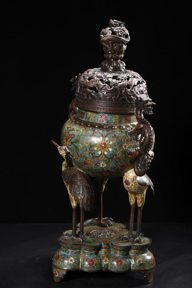 Bronze Cloisonne Big Incense Burner - Crane Dragon - 7
