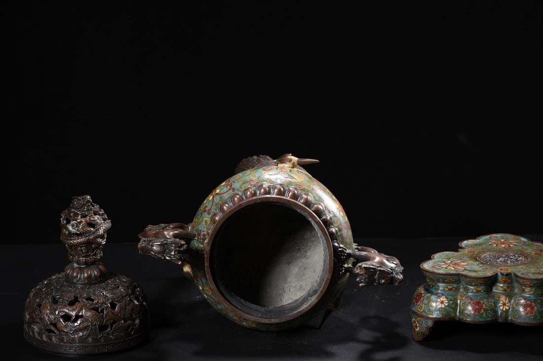 Bronze Cloisonne Big Incense Burner - Crane Dragon - 8