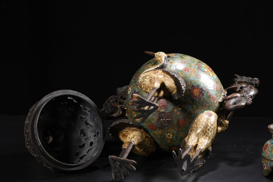 Bronze Cloisonne Big Incense Burner - Crane Dragon - 9