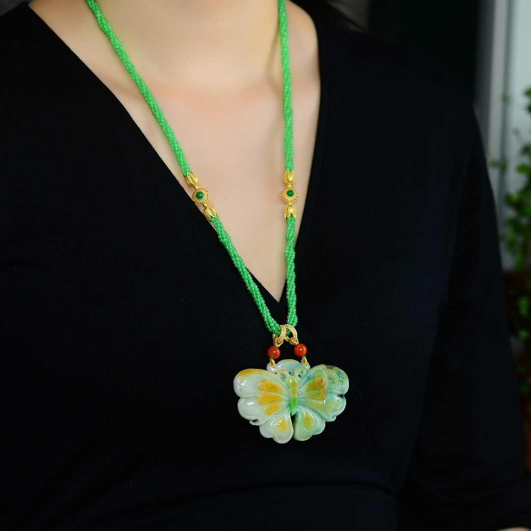 Yellow Green Jadeite Pendant - Butterfly - 2