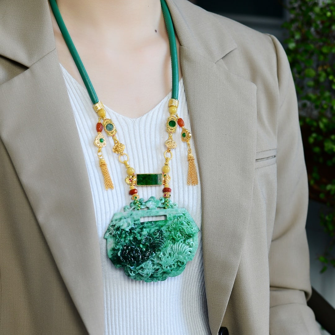 Green Jadeite Hand-Carved Phoenix Ruyi Lock Pendant with Certificate - 2