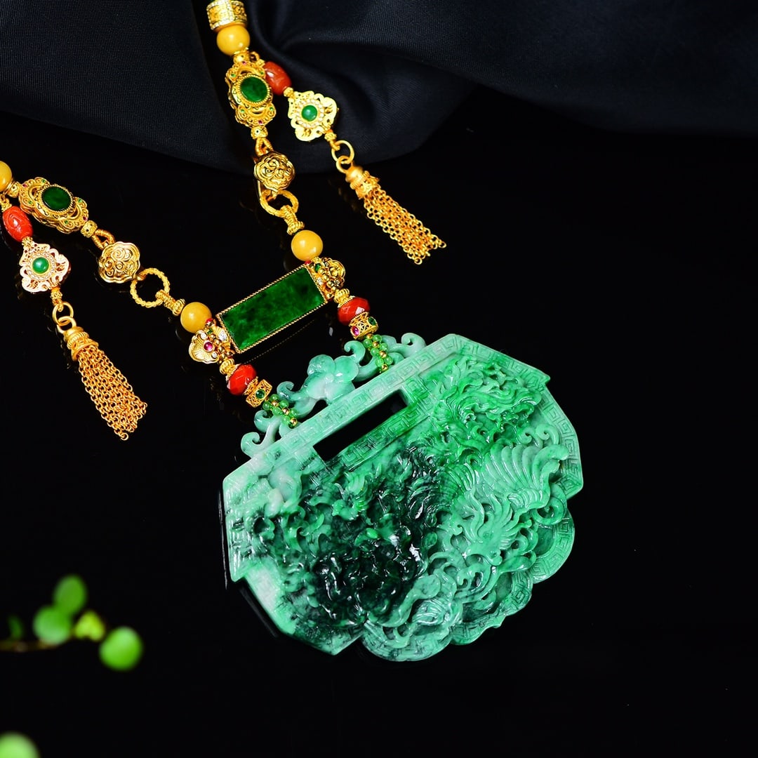 Green Jadeite Hand-Carved Phoenix Ruyi Lock Pendant with Certificate - 4