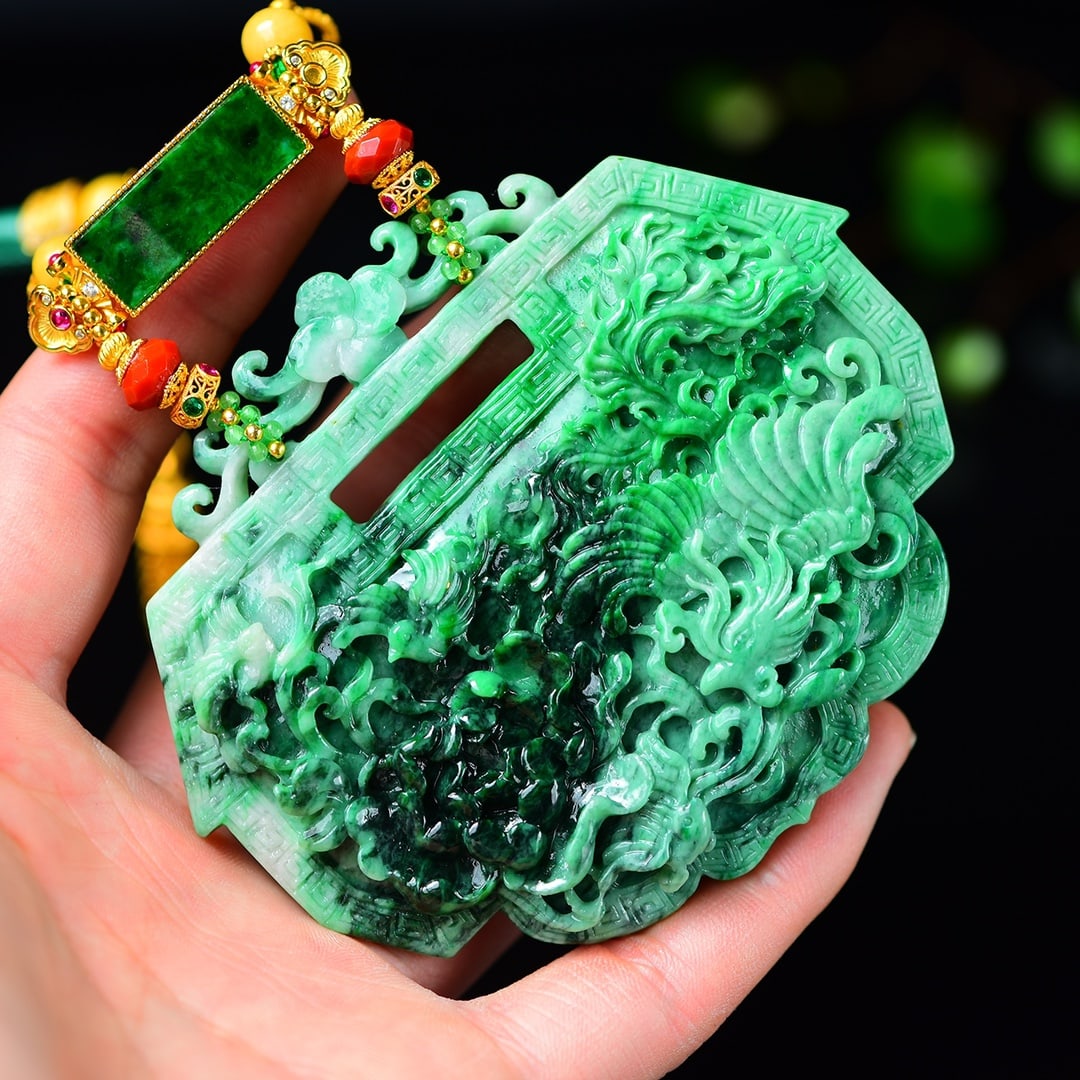 Green Jadeite Hand-Carved Phoenix Ruyi Lock Pendant with Certificate - 5