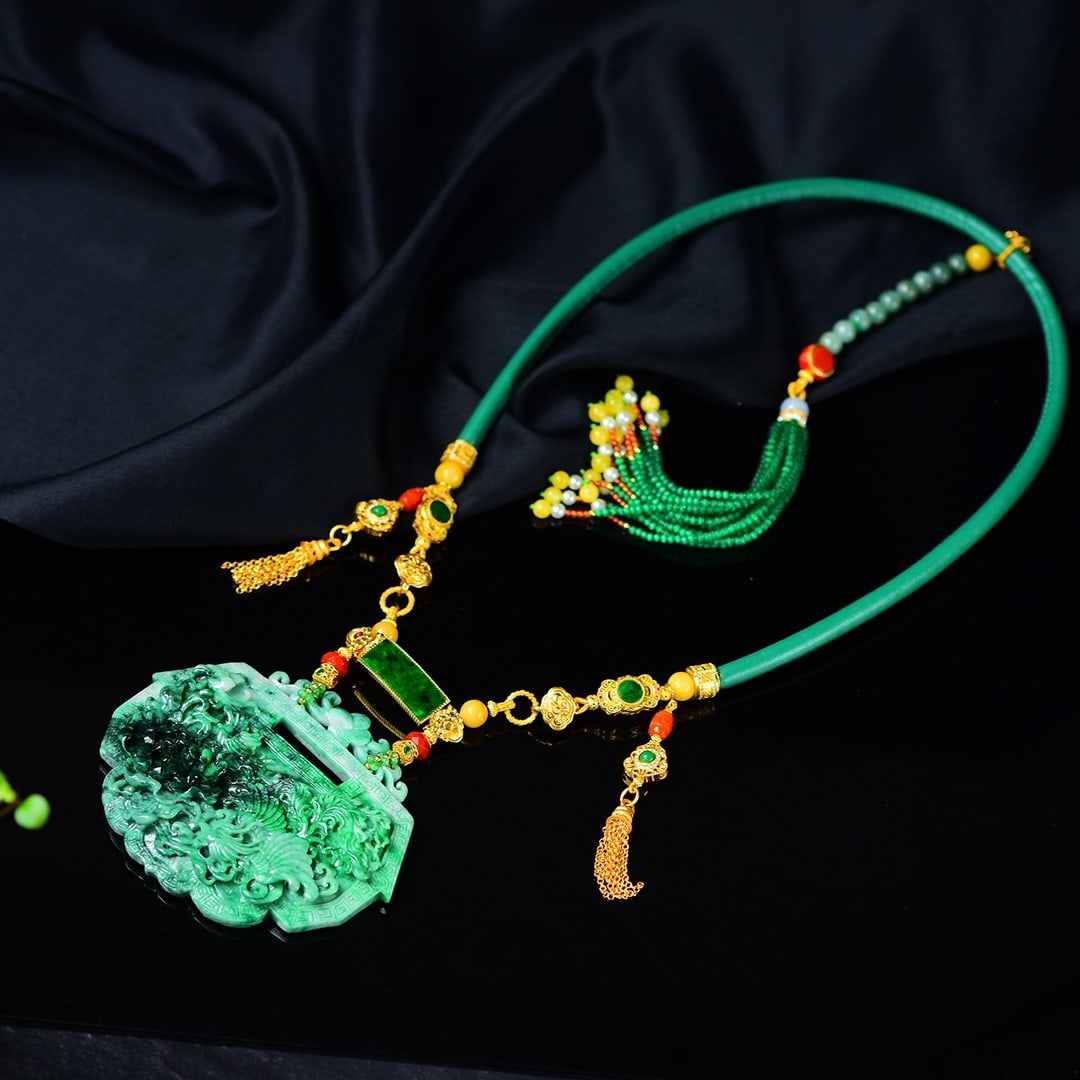 Green Jadeite Hand-Carved Phoenix Ruyi Lock Pendant with Certificate - 6
