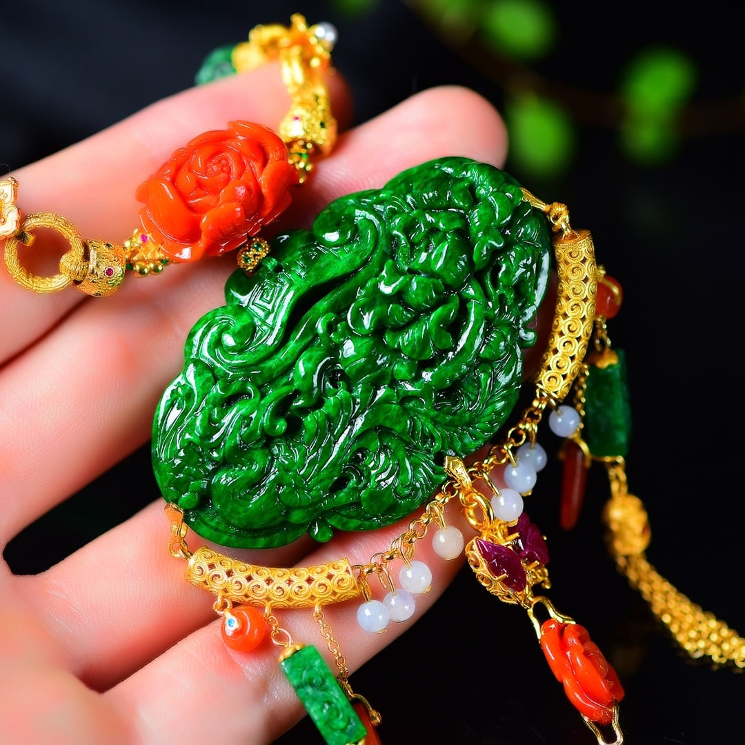 Green Jadeite Phoenix & Peony,Red Jadeite Flower,Silver,Tourmaline Pendant with Necklace - 2
