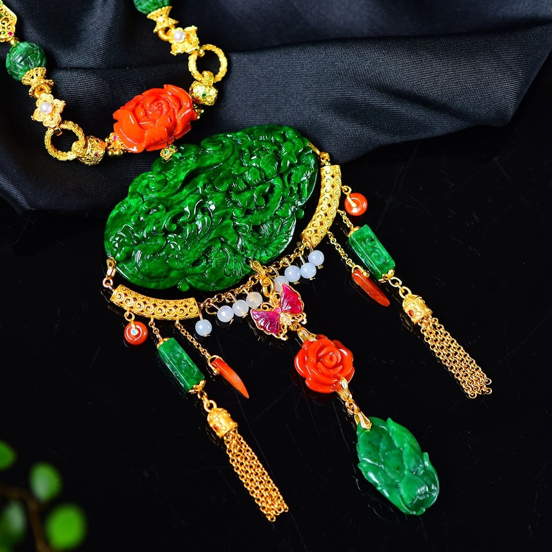 Green Jadeite Phoenix & Peony,Red Jadeite Flower,Silver,Tourmaline Pendant with Necklace - 3