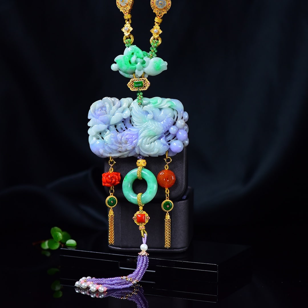 Purple Green Jadeite Hand-Carved Phoenix Pendant with Certificate (1 of 6)