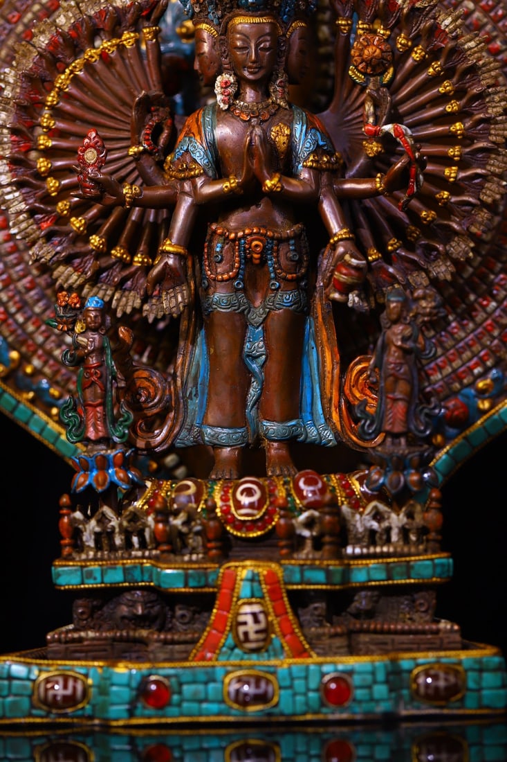 Tibetan Gilt Gold Copper Inlay Turquoise & DZI Agate & Gems Buddha Statue w Thousand-Hand Guanyin - 2