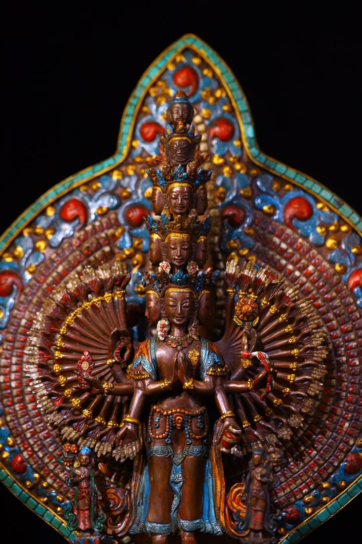 Tibetan Gilt Gold Copper Inlay Turquoise & DZI Agate & Gems Buddha Statue w Thousand-Hand Guanyin - 3