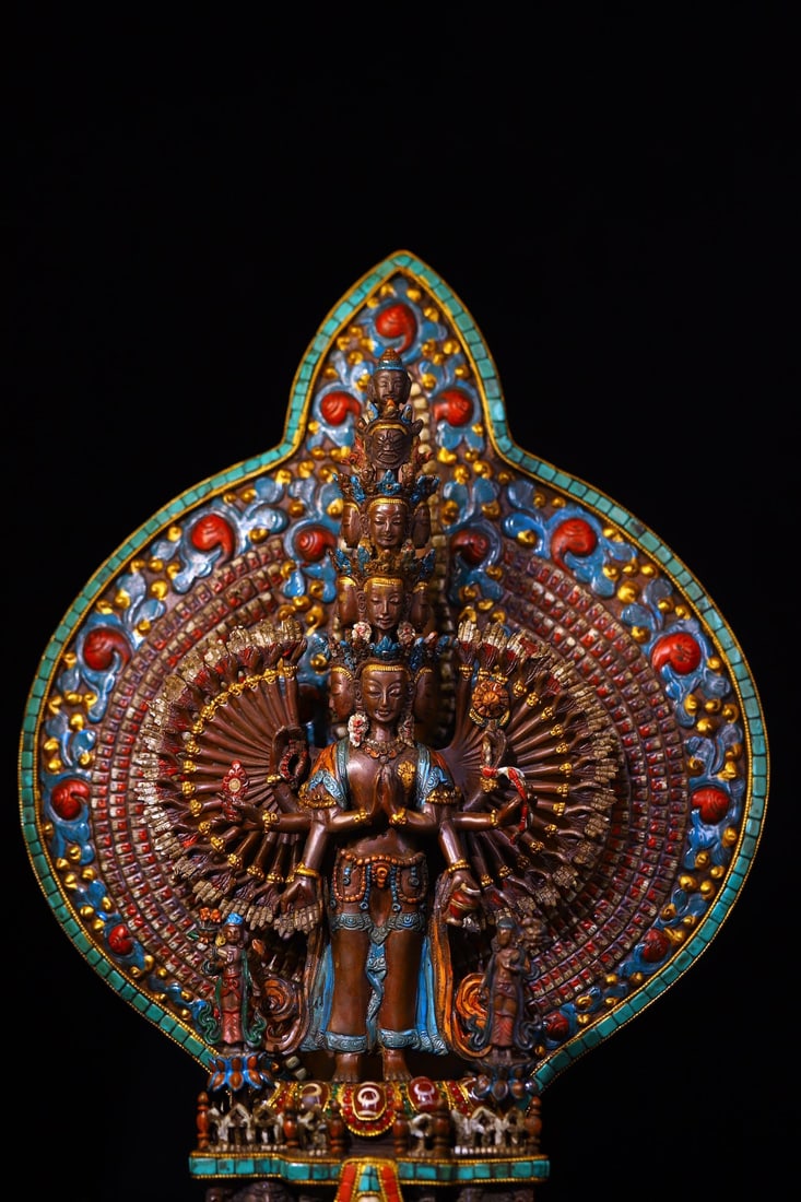 Tibetan Gilt Gold Copper Inlay Turquoise & DZI Agate & Gems Buddha Statue w Thousand-Hand Guanyin - 4