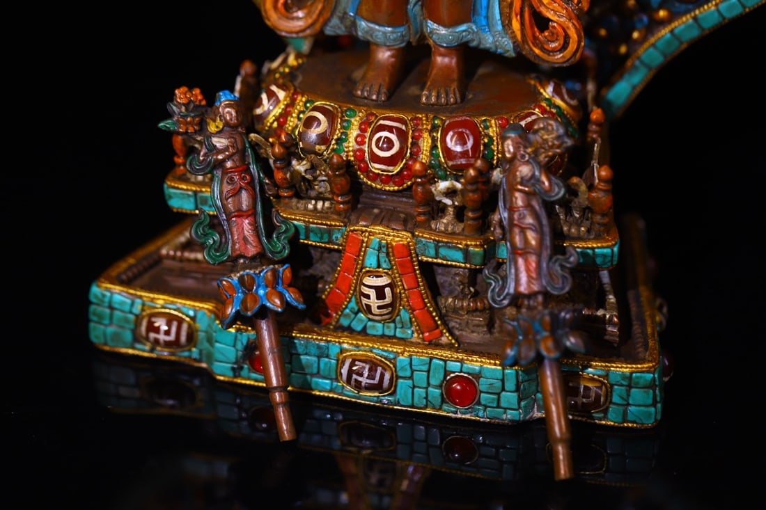 Tibetan Gilt Gold Copper Inlay Turquoise & DZI Agate & Gems Buddha Statue w Thousand-Hand Guanyin - 5
