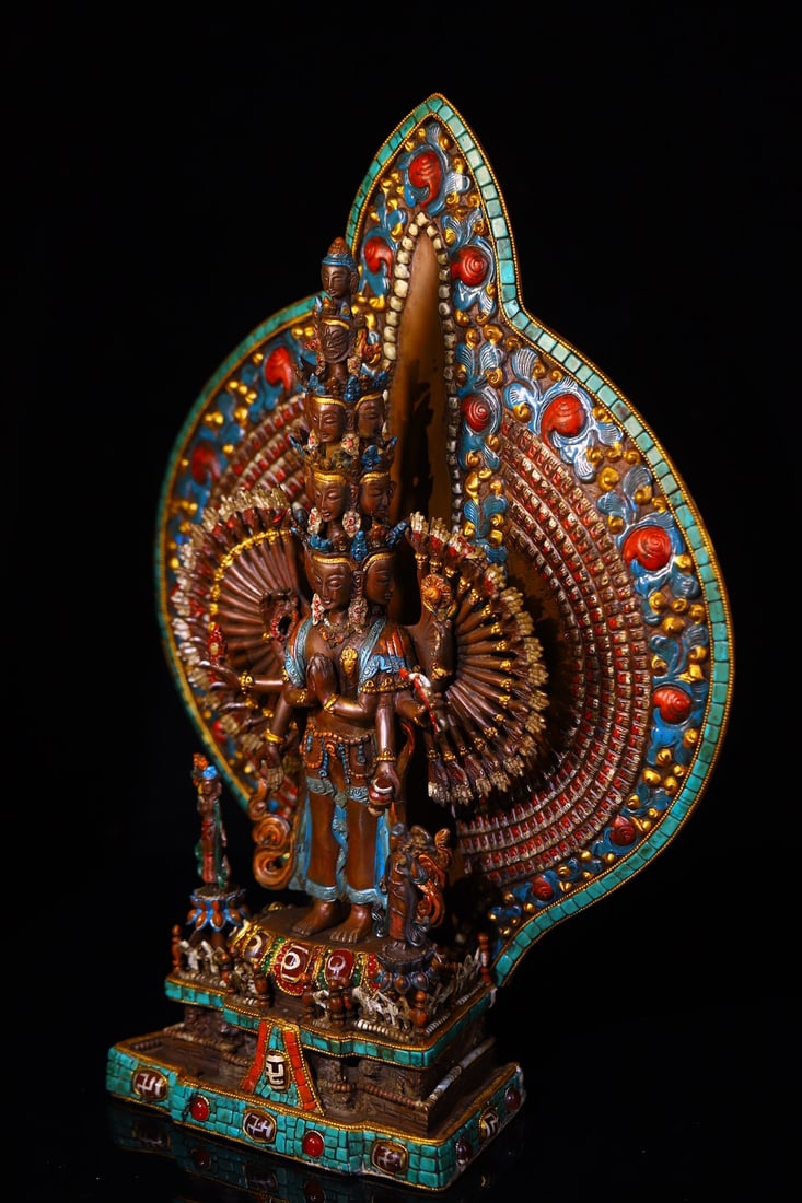 Tibetan Gilt Gold Copper Inlay Turquoise & DZI Agate & Gems Buddha Statue w Thousand-Hand Guanyin - 6