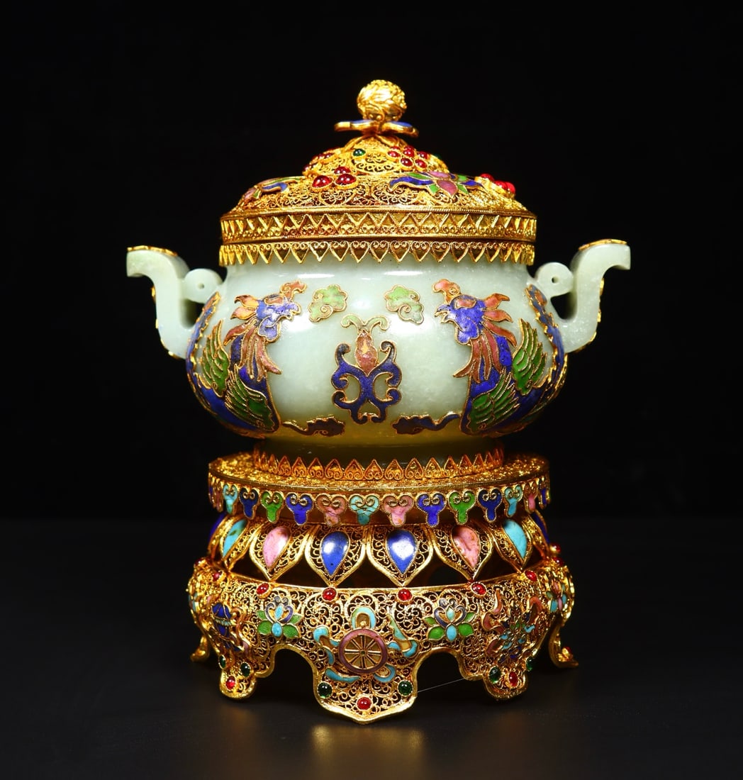 Gold Wires Enamel Inlay Hetian Jade & Gem Incense Burner (1 of 9)