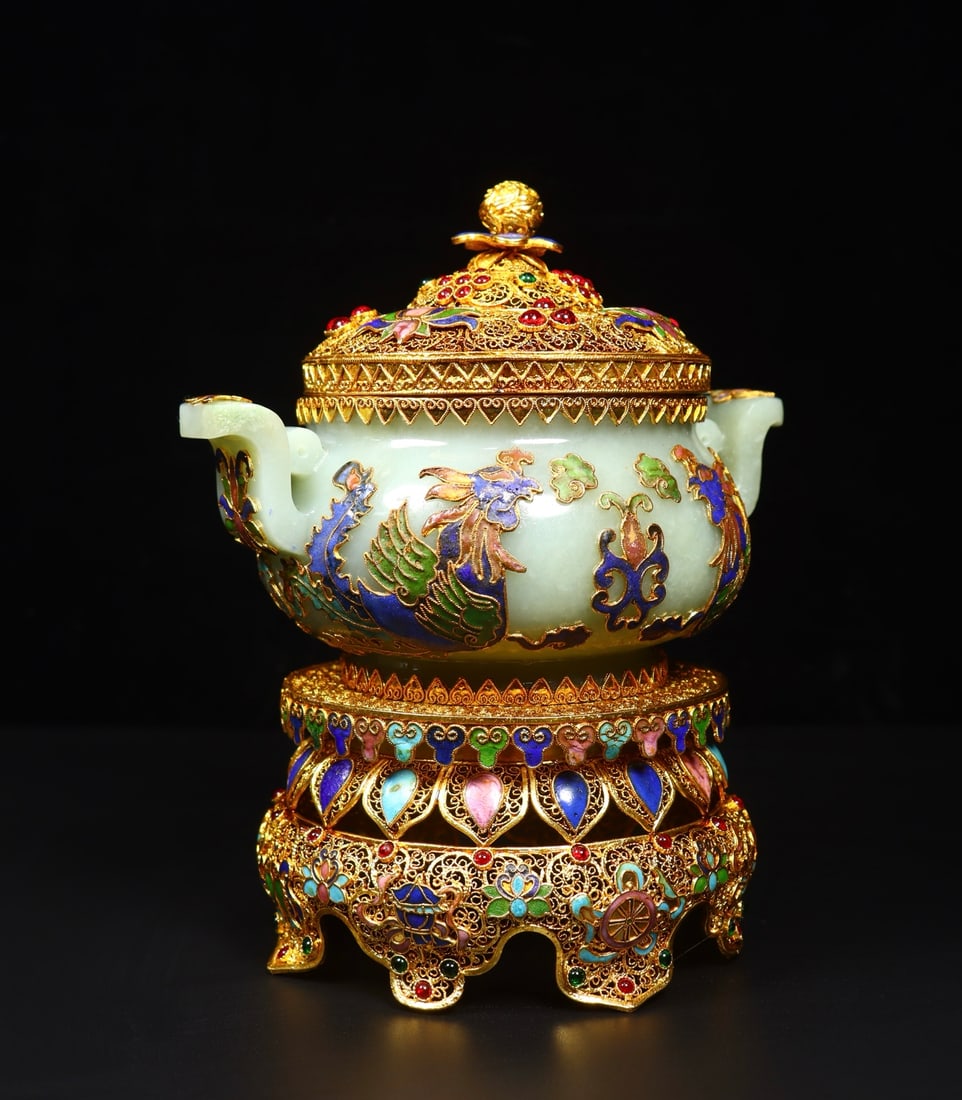 Gold Wires Enamel Inlay Hetian Jade & Gem Incense Burner - 2