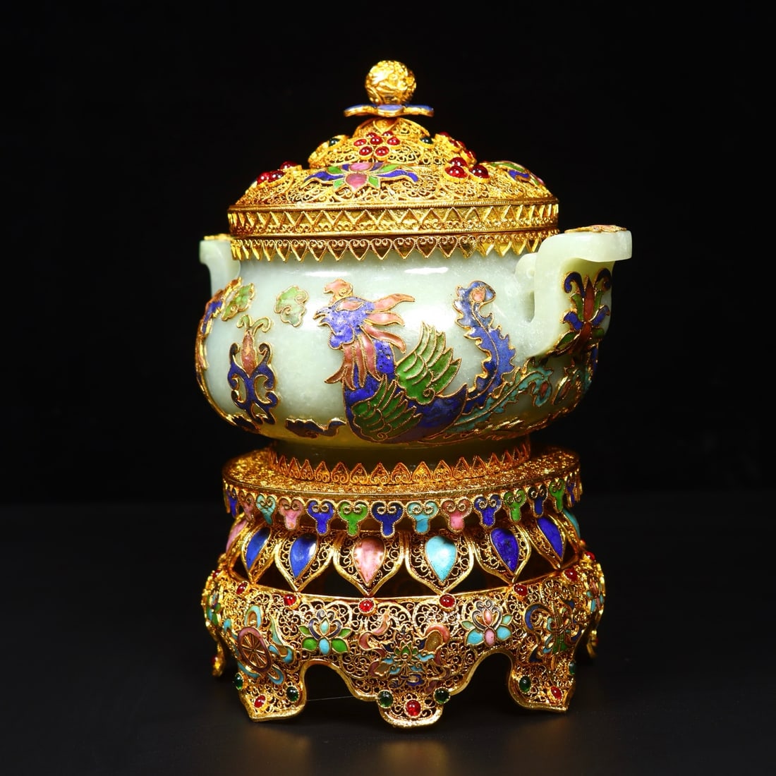 Gold Wires Enamel Inlay Hetian Jade & Gem Incense Burner - 5