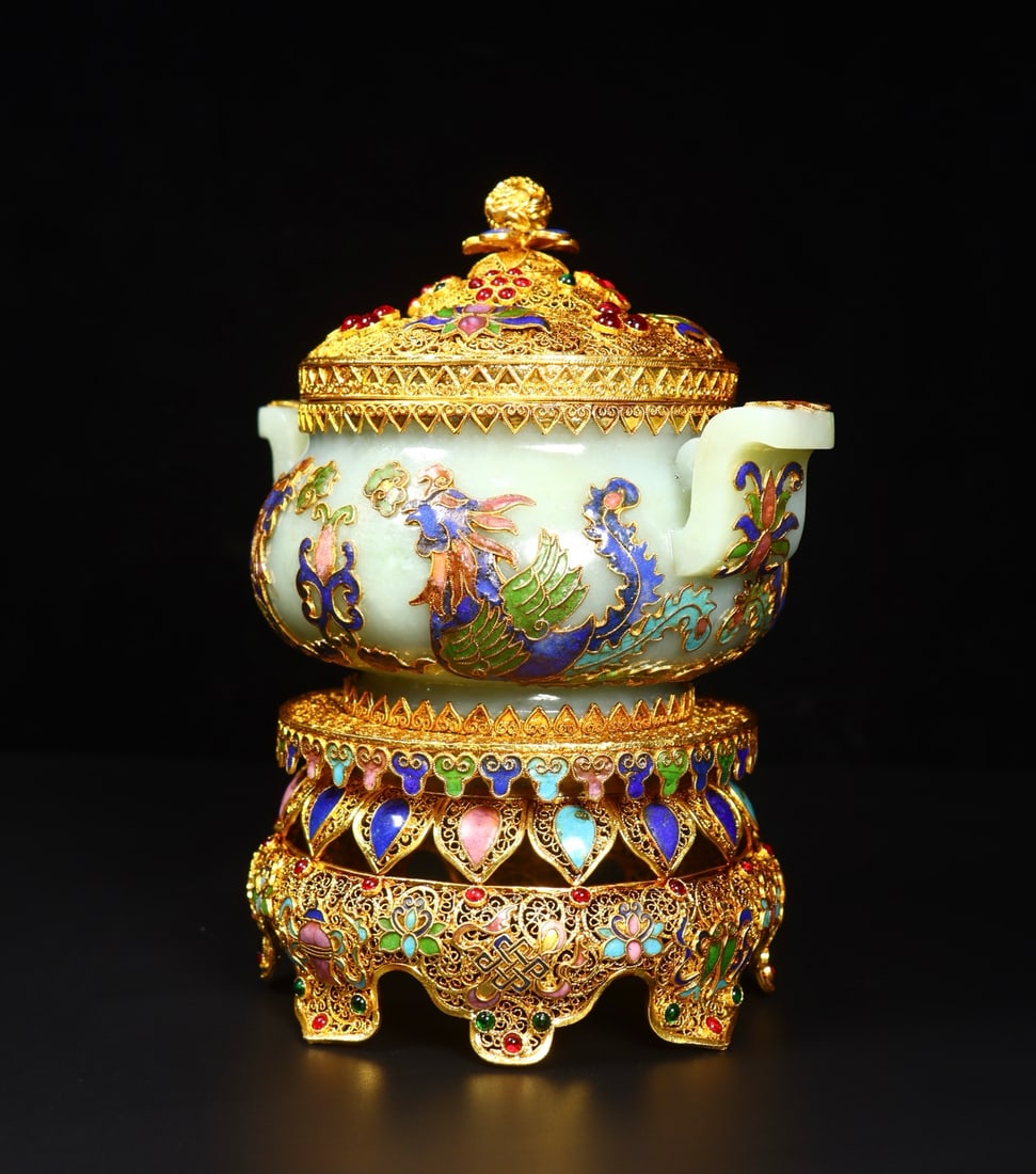 Gold Wires Enamel Inlay Hetian Jade & Gem Incense Burner - 6