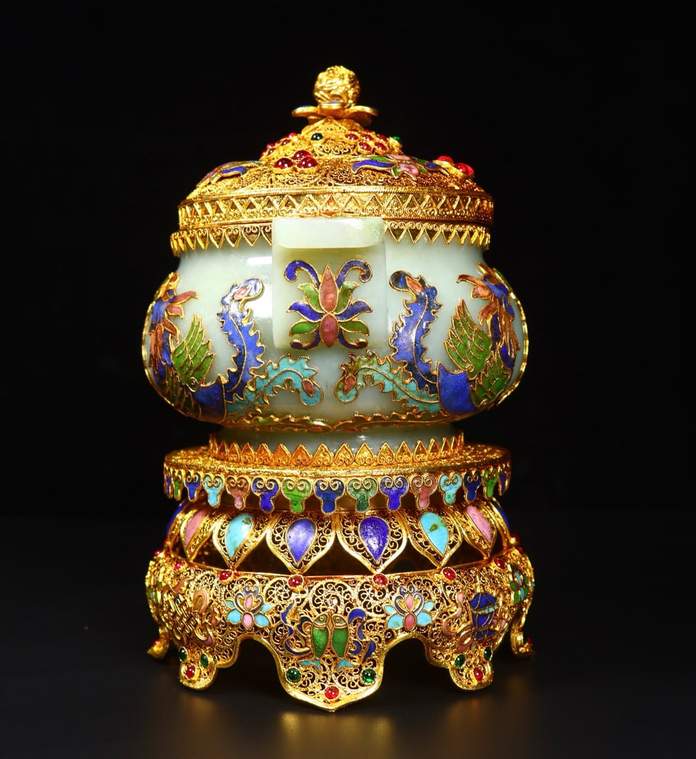 Gold Wires Enamel Inlay Hetian Jade & Gem Incense Burner - 7
