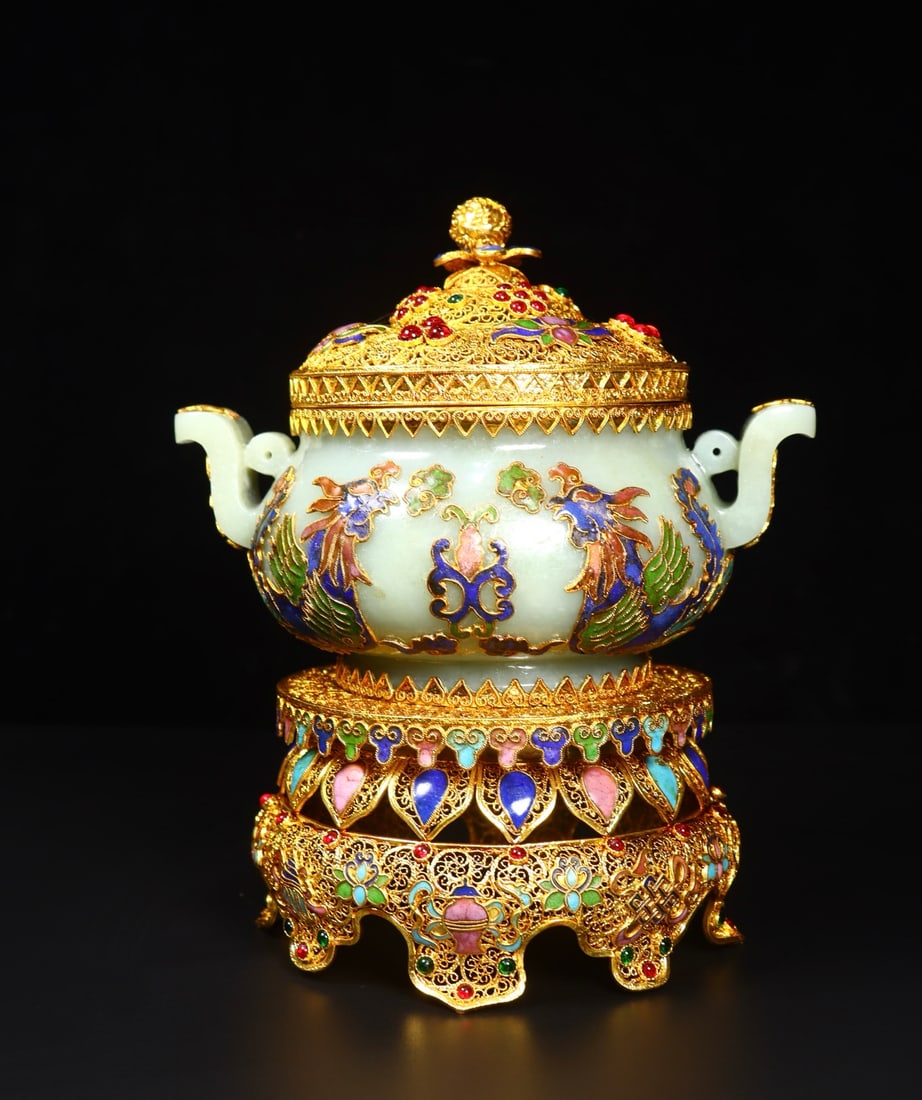 Gold Wires Enamel Inlay Hetian Jade & Gem Incense Burner - 8