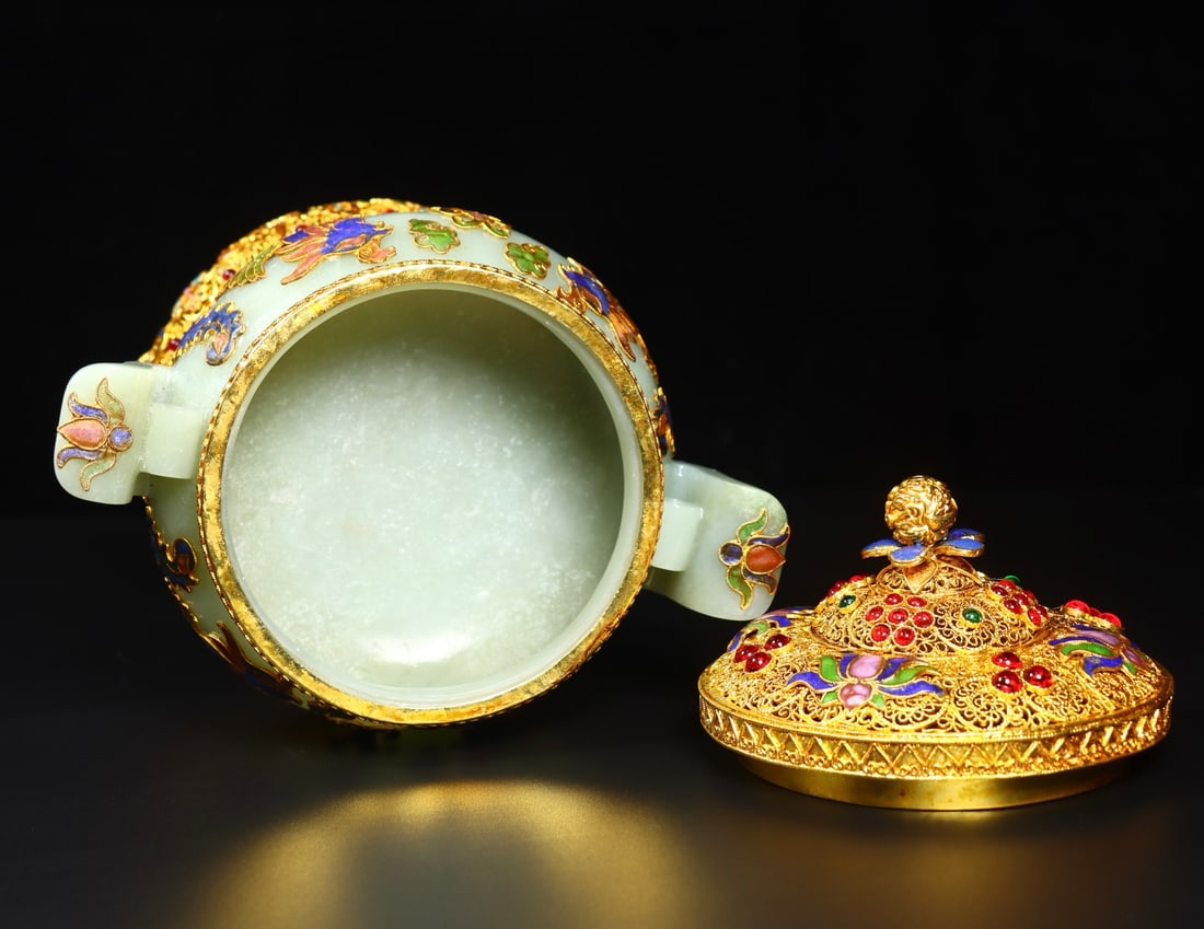 Gold Wires Enamel Inlay Hetian Jade & Gem Incense Burner - 9