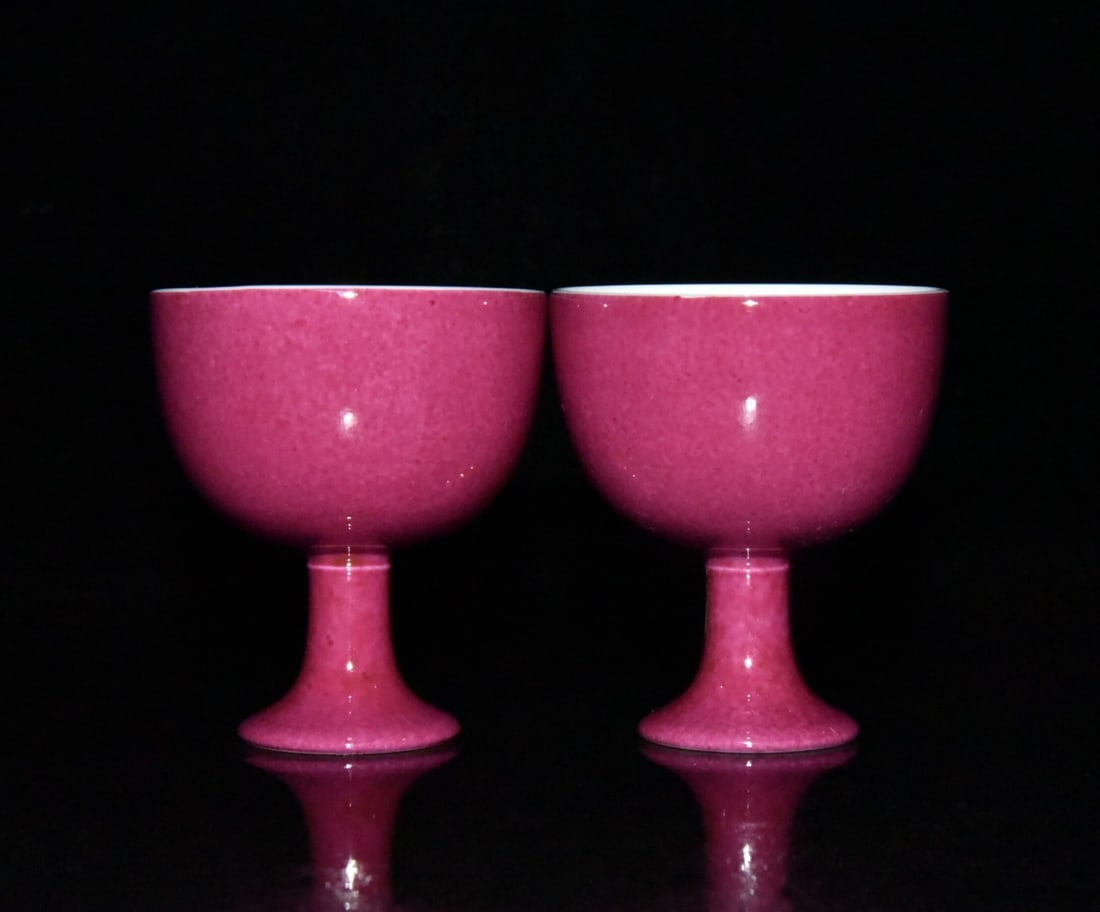 A Pair Porcelain Cup Rouge Red Glaze: Title: A Pair Porcelain Cup Rouge Red Glaze Origin: Chinese Date/Period: After1890 Materials: Porcelain Dimensions: 68x62(mm) 2.68x2.44(inches) Reserve: $368.00 Shipping:Domestic: Shipping rates