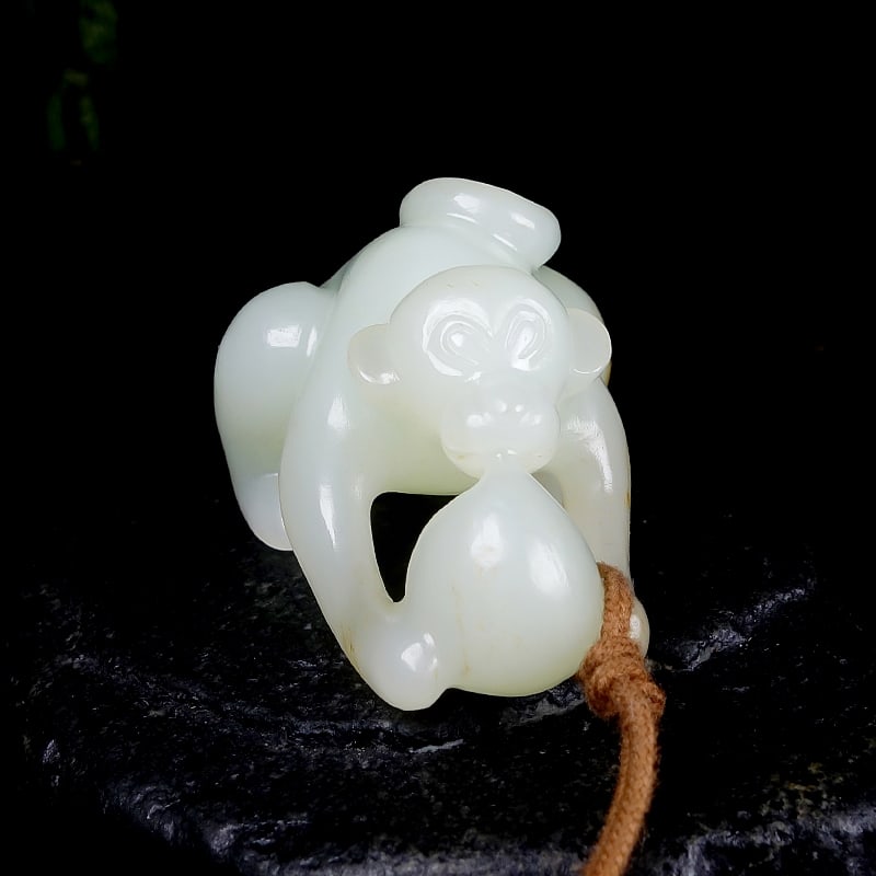 Hetian Jade Hand-Carved Monkey & Peach Pendant with Certificate - 2