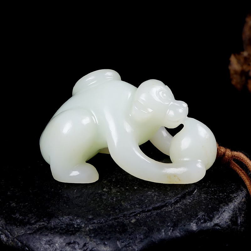 Hetian Jade Hand-Carved Monkey & Peach Pendant with Certificate - 3