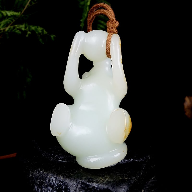 Hetian Jade Hand-Carved Monkey & Peach Pendant with Certificate - 4