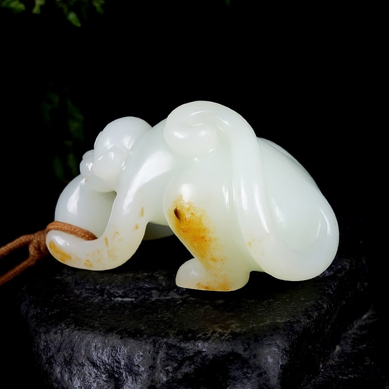Hetian Jade Hand-Carved Monkey & Peach Pendant with Certificate - 5