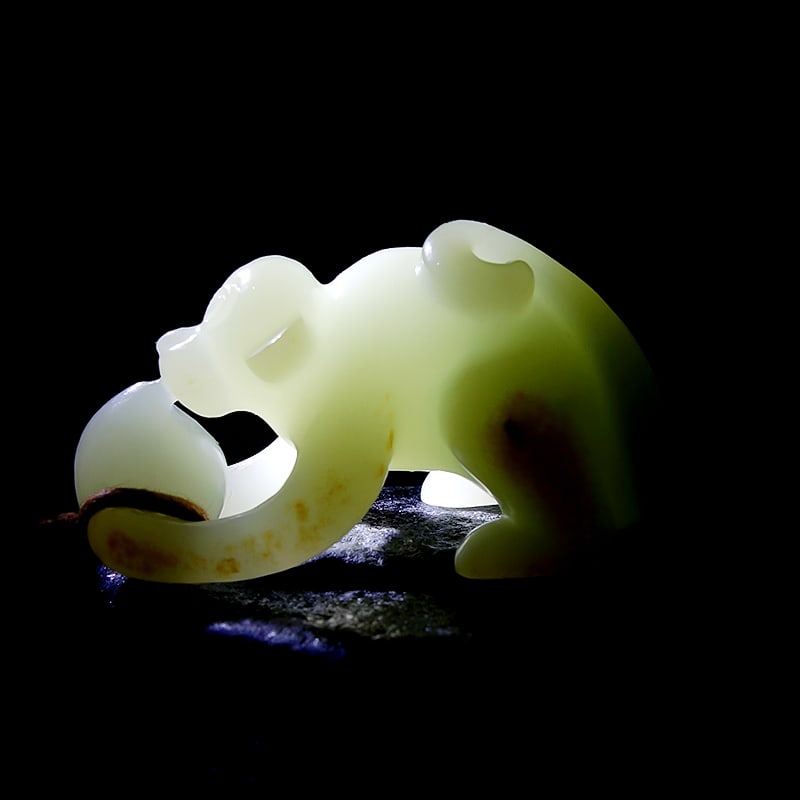 Hetian Jade Hand-Carved Monkey & Peach Pendant with Certificate - 6