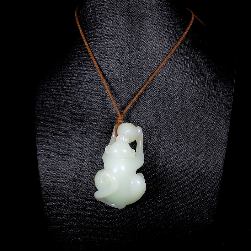 Hetian Jade Hand-Carved Monkey & Peach Pendant with Certificate - 8