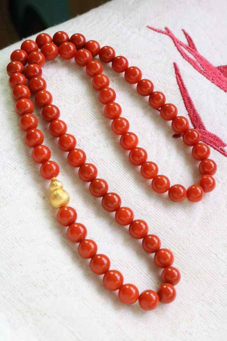 9.5mm Nanhong Agate Beads & Gilt Gold Silver Gourd Necklace - 2