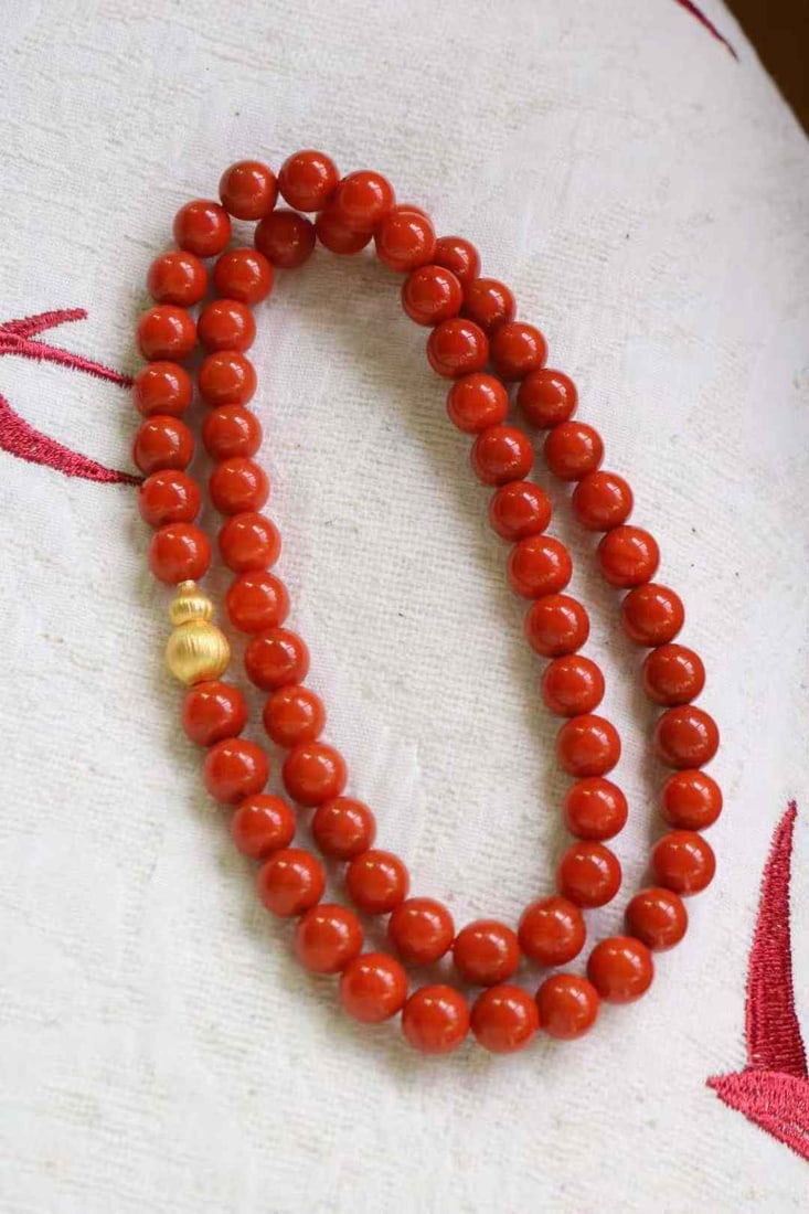 9.5mm Nanhong Agate Beads & Gilt Gold Silver Gourd Necklace - 3