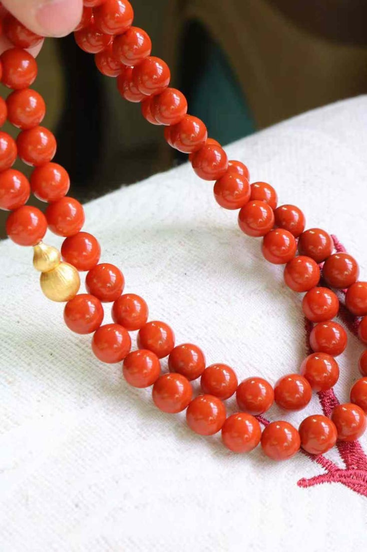 9.5mm Nanhong Agate Beads & Gilt Gold Silver Gourd Necklace - 4