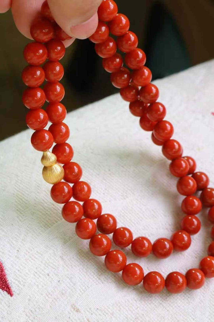 9.5mm Nanhong Agate Beads & Gilt Gold Silver Gourd Necklace - 5