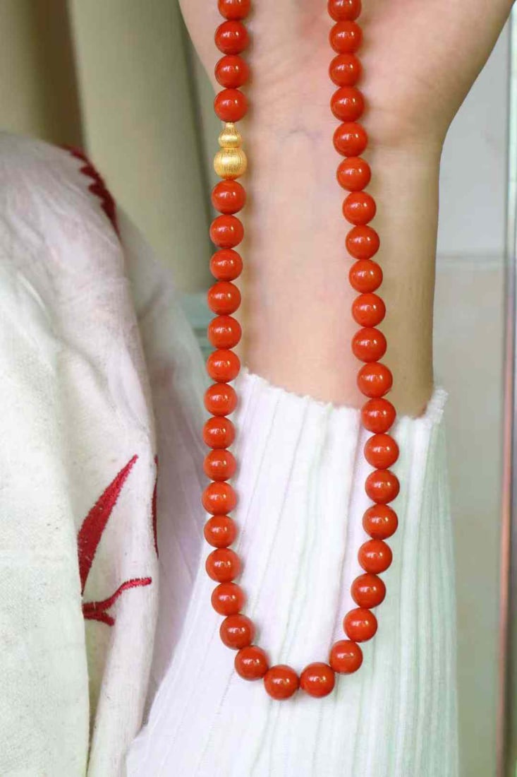 9.5mm Nanhong Agate Beads & Gilt Gold Silver Gourd Necklace - 7