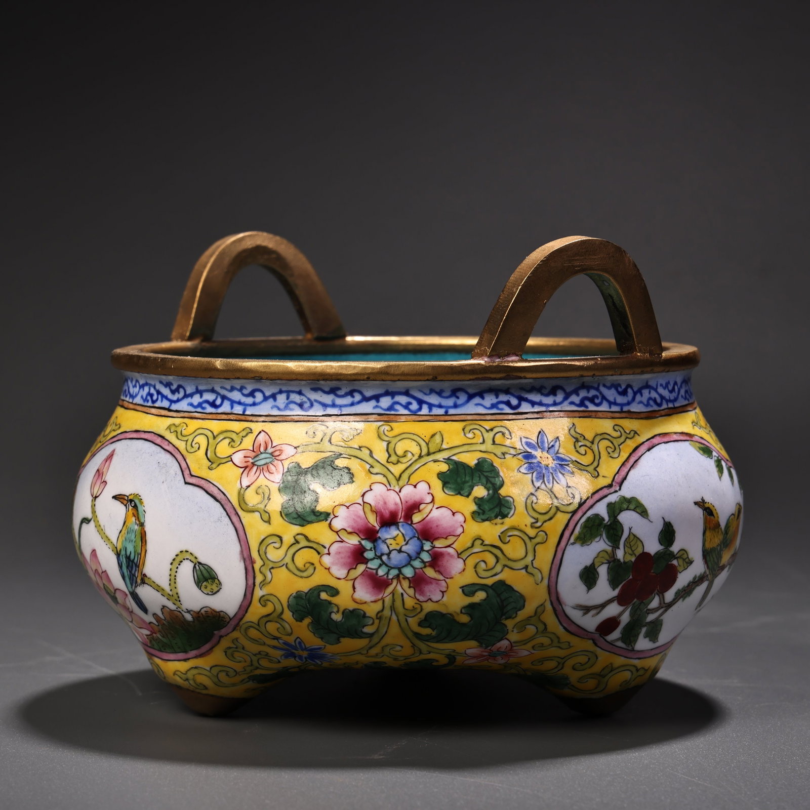 Gilt Gold Bronze Cloisonne Incense Burner Flower Bird - 2